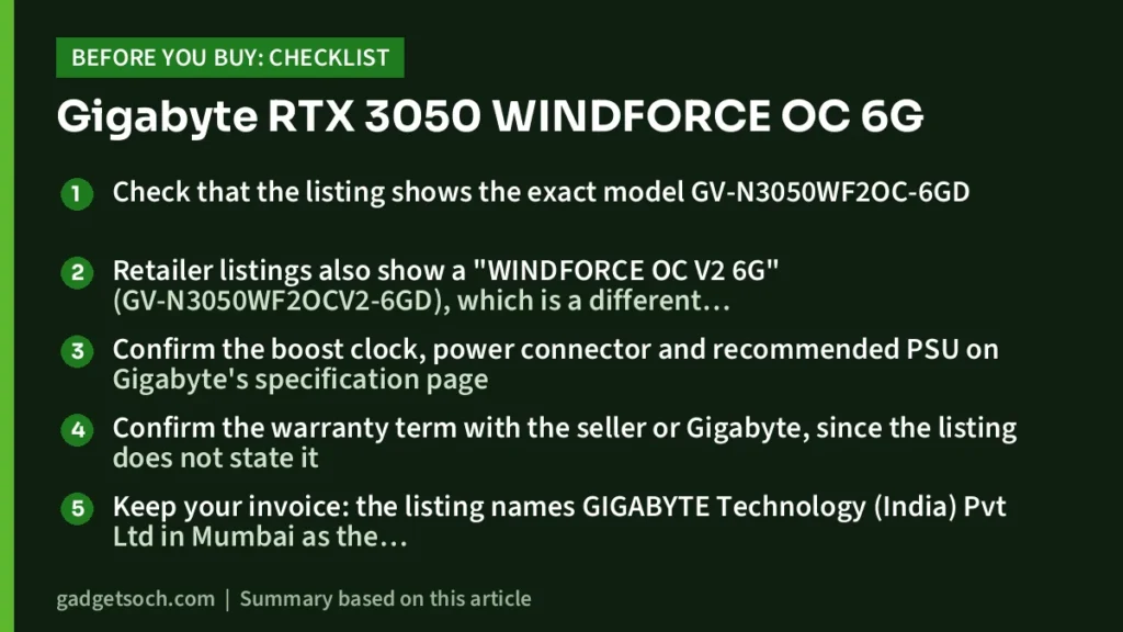 Gigabyte RTX 3050 WINDFORCE OC 6G buying checklist