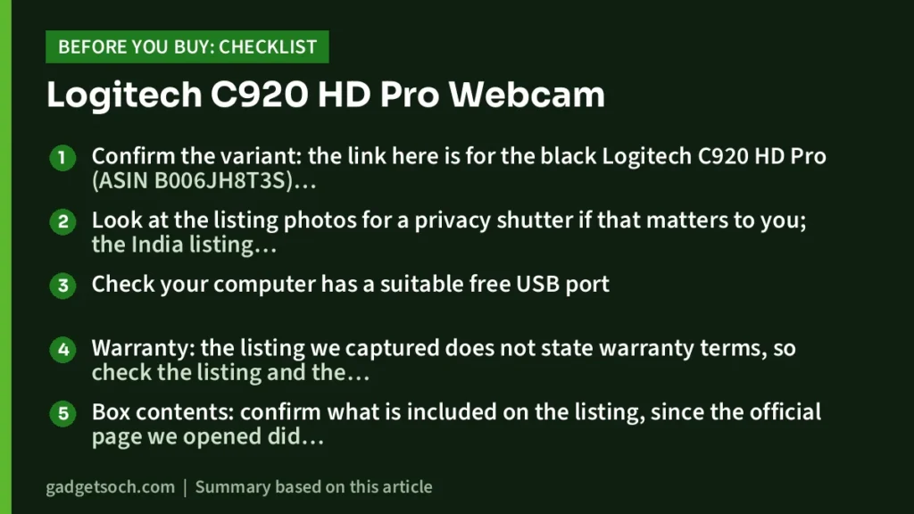Logitech C920 HD Pro Webcam buying checklist