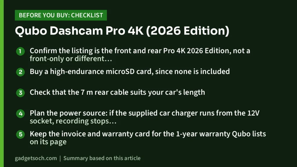 Qubo Dashcam Pro 4K buying checklist