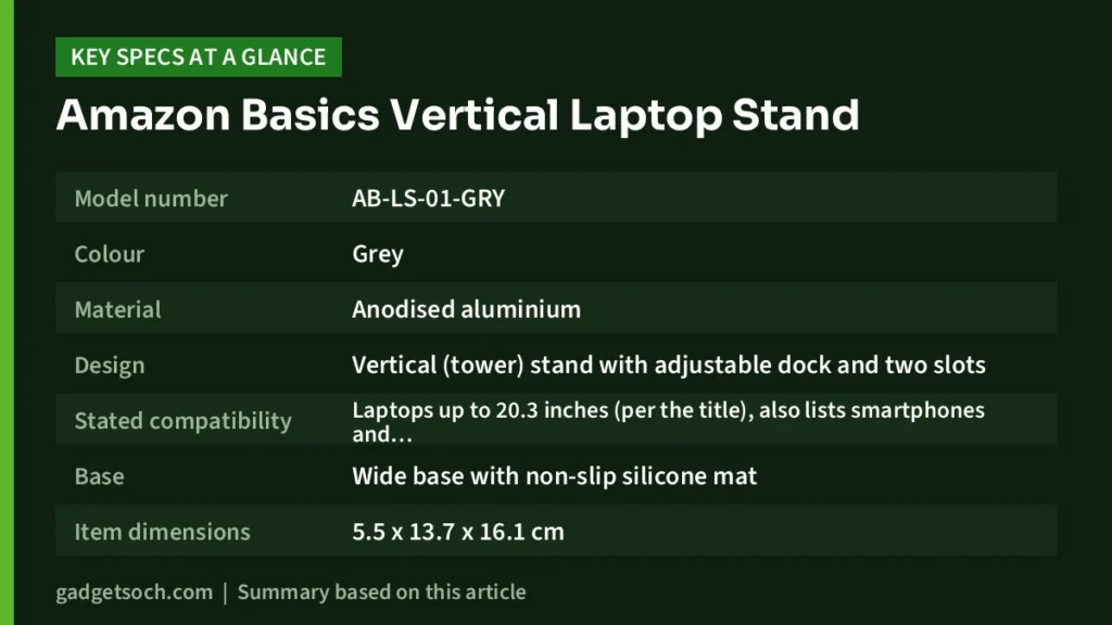Amazon Basics Vertical Laptop Stand key specs at a glance