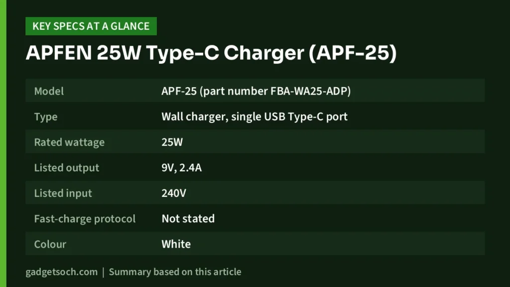 APFEN 25W Type-C Charger key specs at a glance