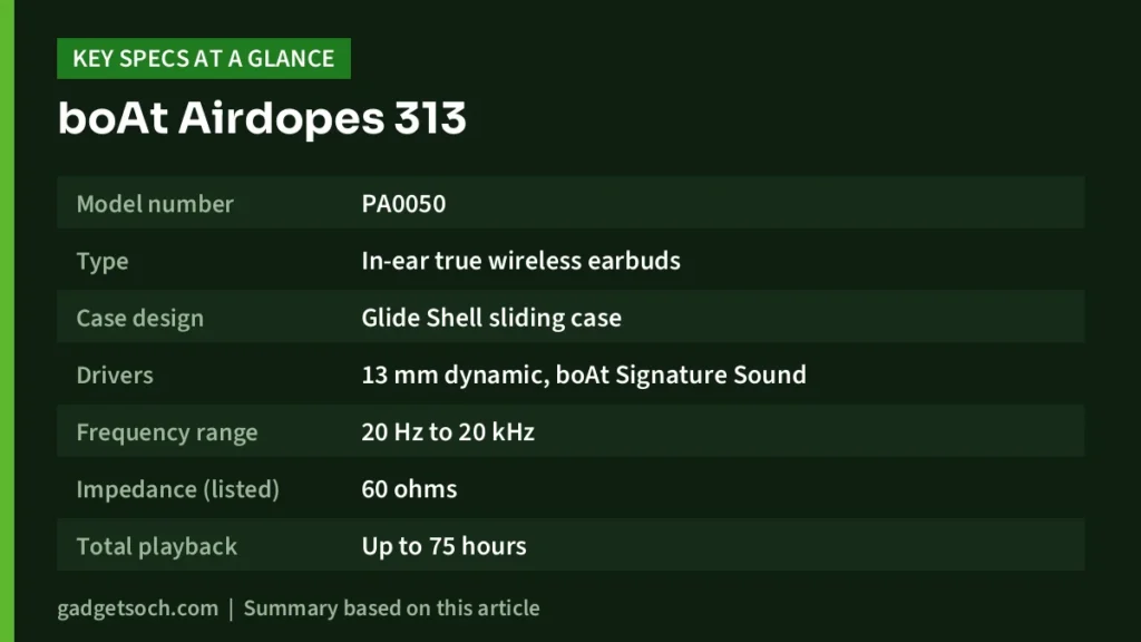 boAt Airdopes 313 key specs at a glance