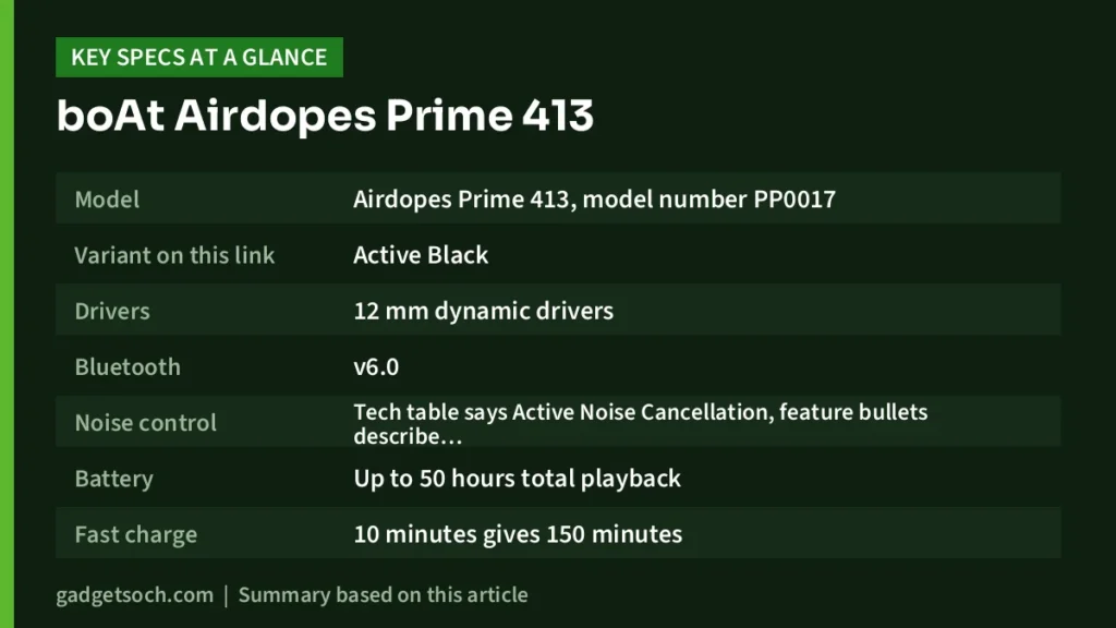 Airdopes Prime 413 key specs at a glance