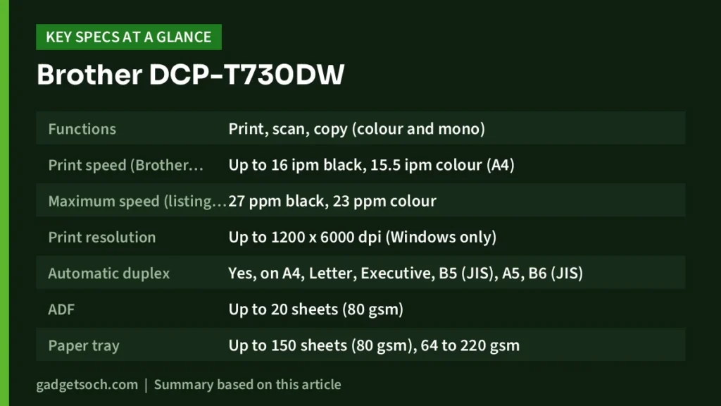 Brother DCP-T730DW key specs at a glance
