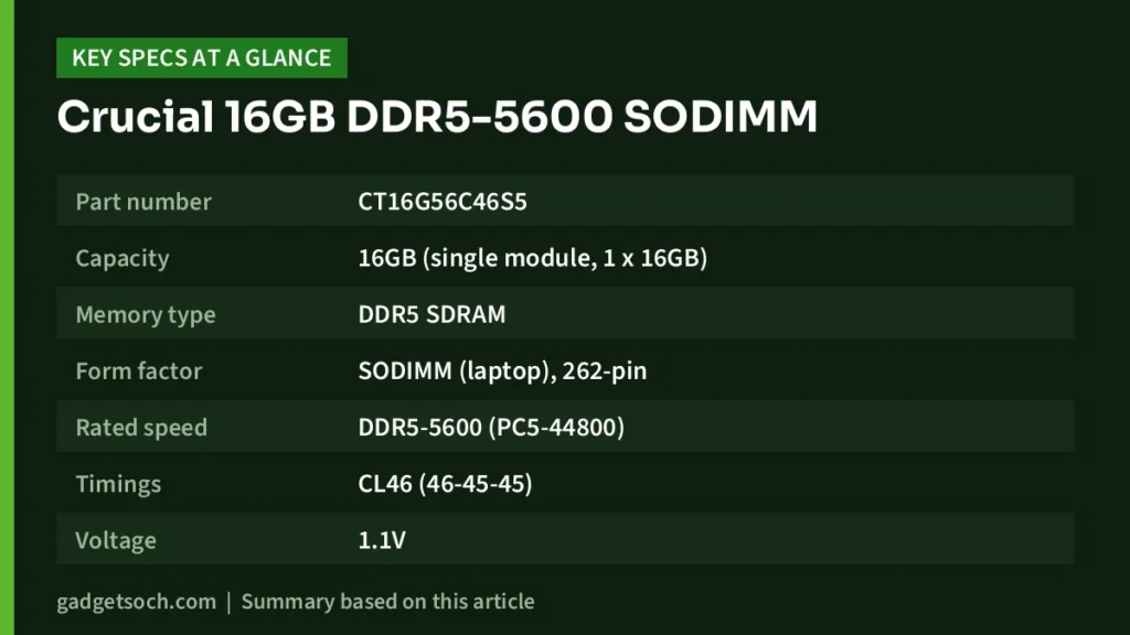 Crucial 16GB DDR5-5600 SODIMM key specs at a glance