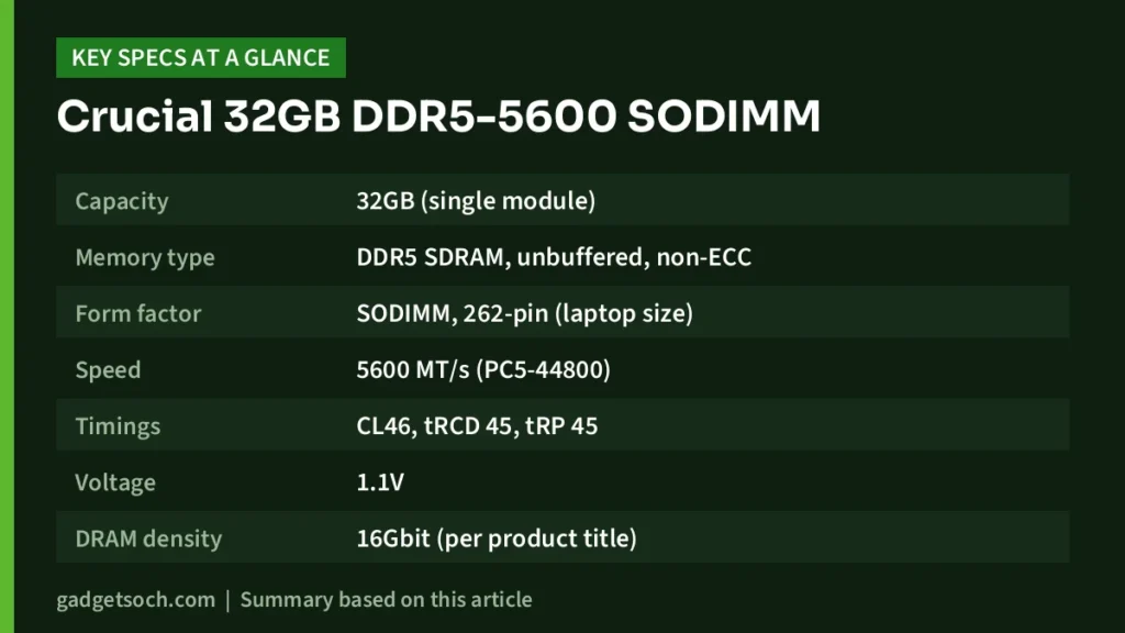 Crucial 32GB DDR5-5600 SODIMM key specs at a glance