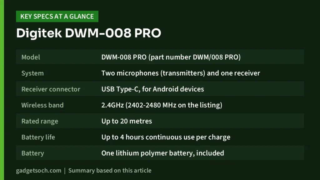 Digitek DWM-008 PRO key specs at a glance