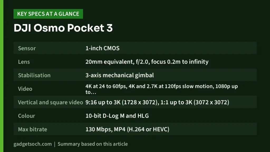 DJI Osmo Pocket 3 key specs at a glance