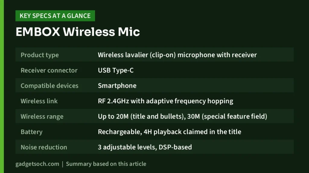 EMBOX Wireless Mic key specs at a glance