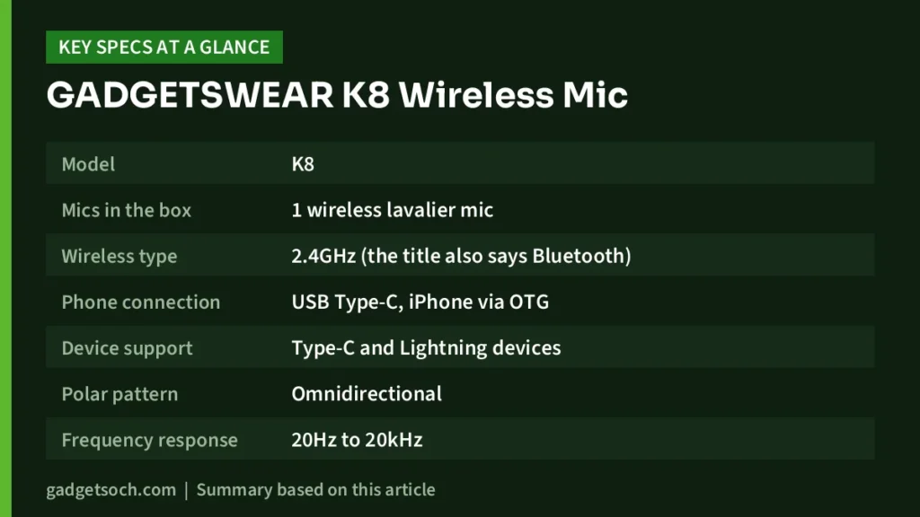 GADGETSWEAR K8 key specs at a glance