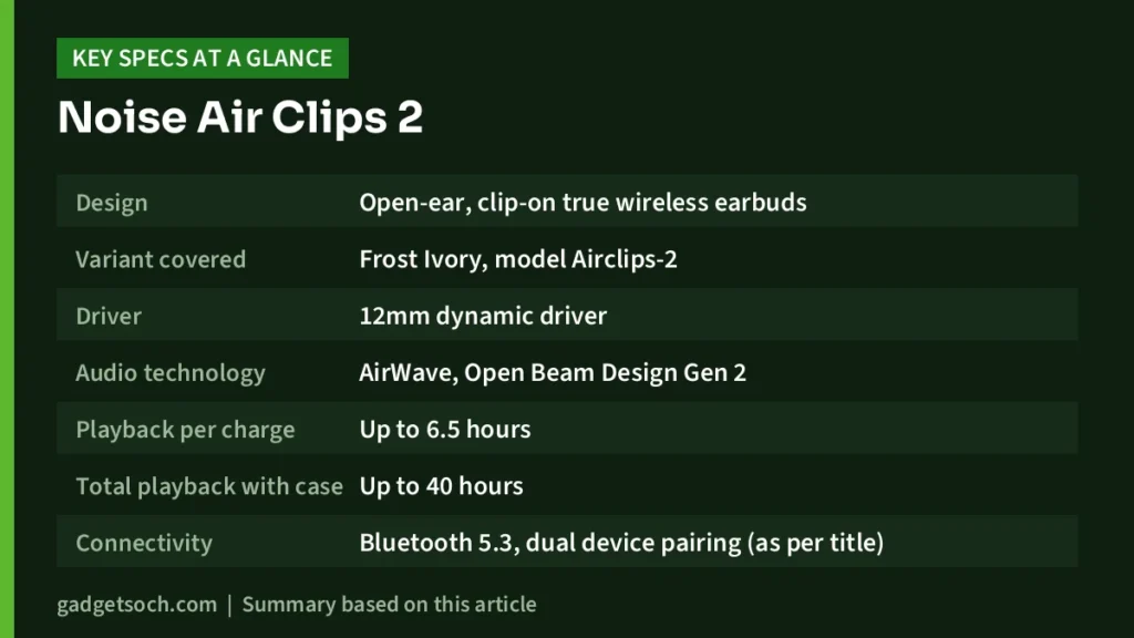 Noise Air Clips 2 key specs at a glance