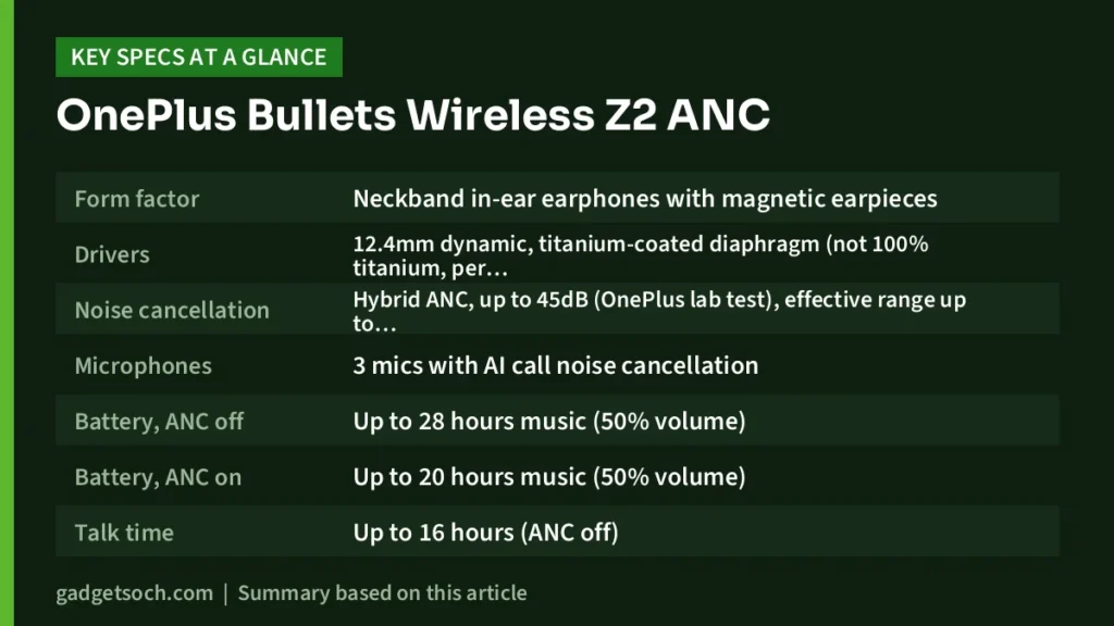 OnePlus Bullets Wireless Z2 ANC key specs at a glance