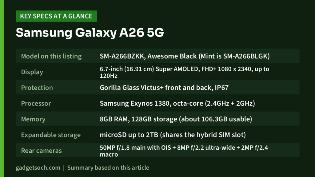 Galaxy A26 5G key specs at a glance