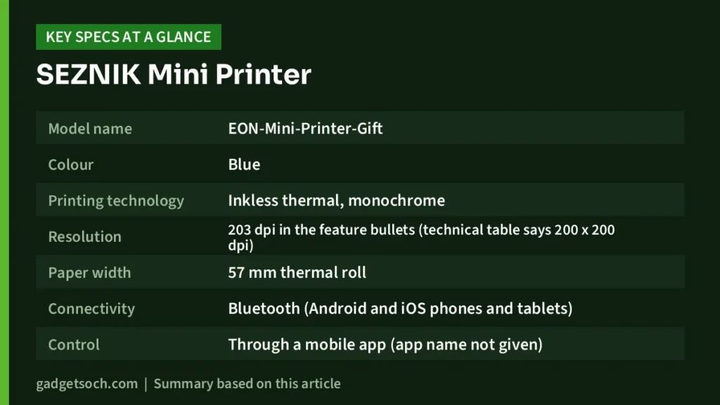 SEZNIK Mini Printer key specs at a glance