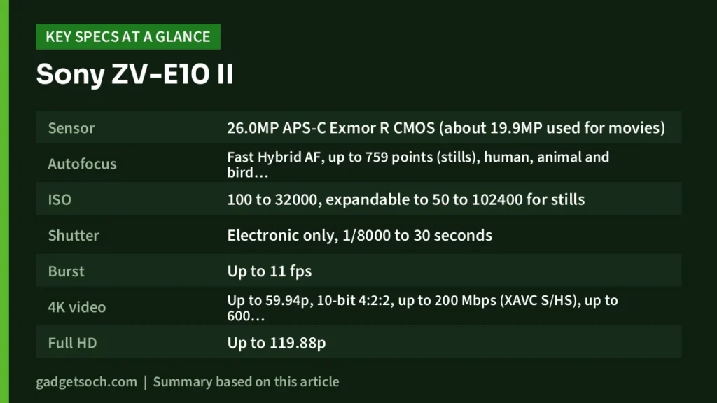 Sony ZV-E10 II key specs at a glance