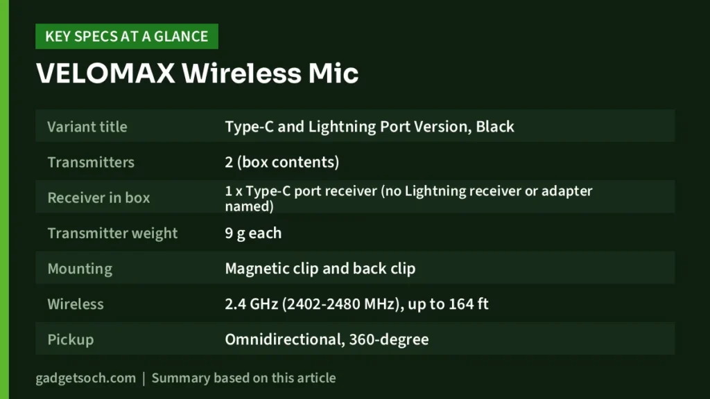 VELOMAX Wireless Mic key specs at a glance