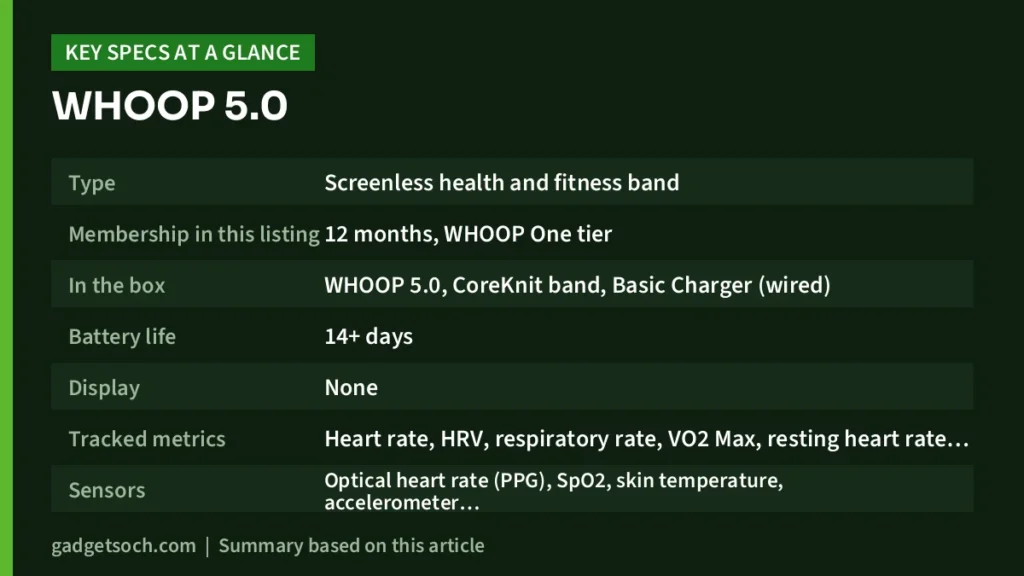 WHOOP 5.0 key specs at a glance